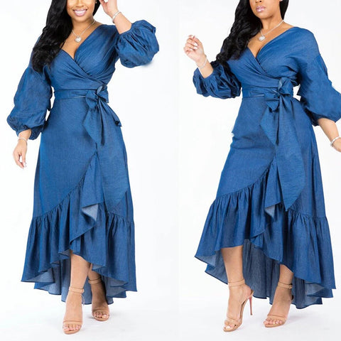 Blue Pleated Asymmetrical Hem Summer Dress
