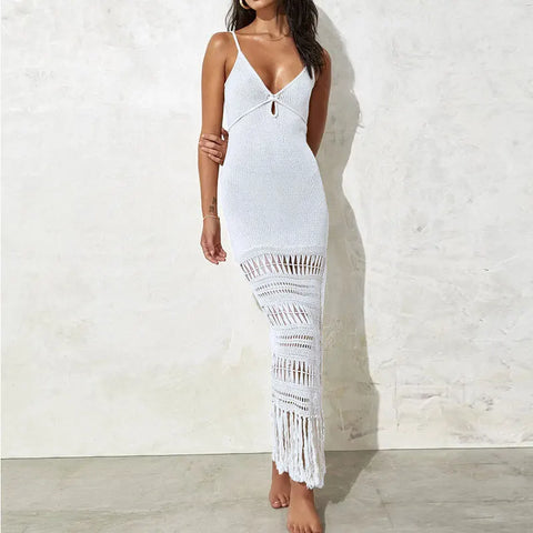 Tassel Crochet Hollow Out Women Beach Dress White