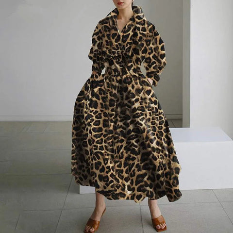 Yellow Leopard Print Plus Size Collared Long Maxi Dress