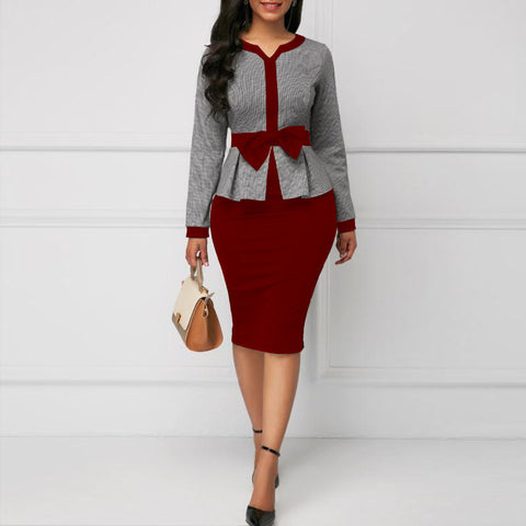 Red Modest Office Attire with Bow Accents