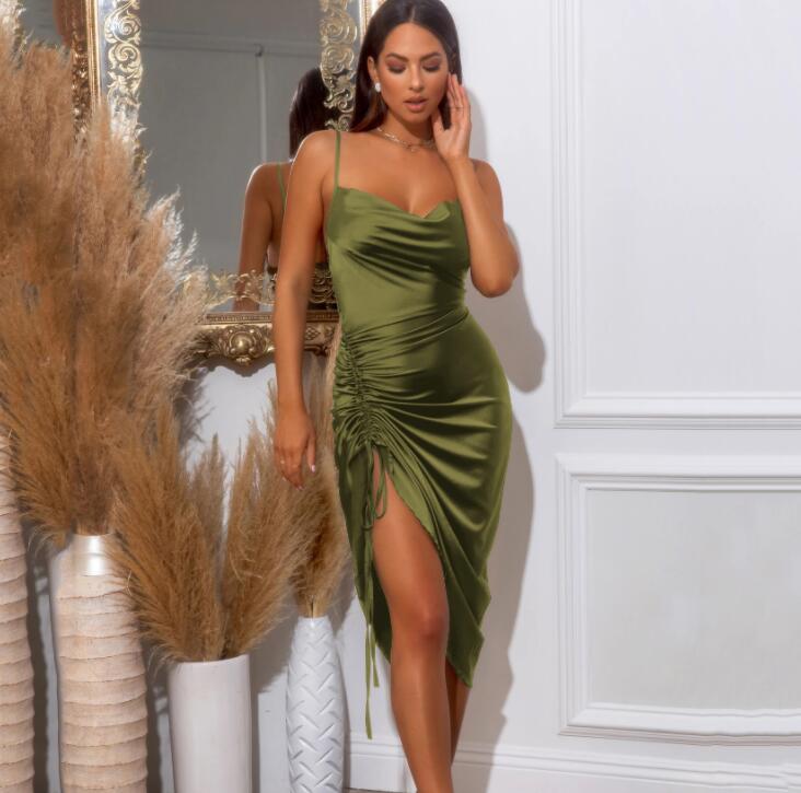Sexy Ruched Satin Summer Dress Olive Green