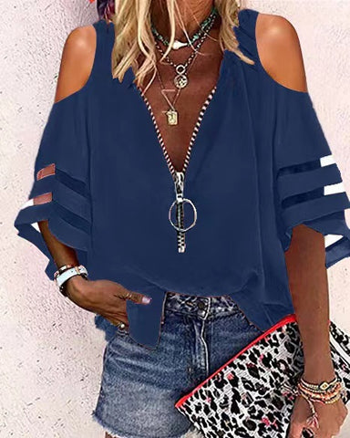 V-neck Zip-up Half-flare Sleeve Tops | Cultureheaven.com