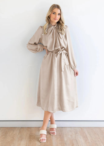 Nude Lantern Sleeve Satin Evening Dress