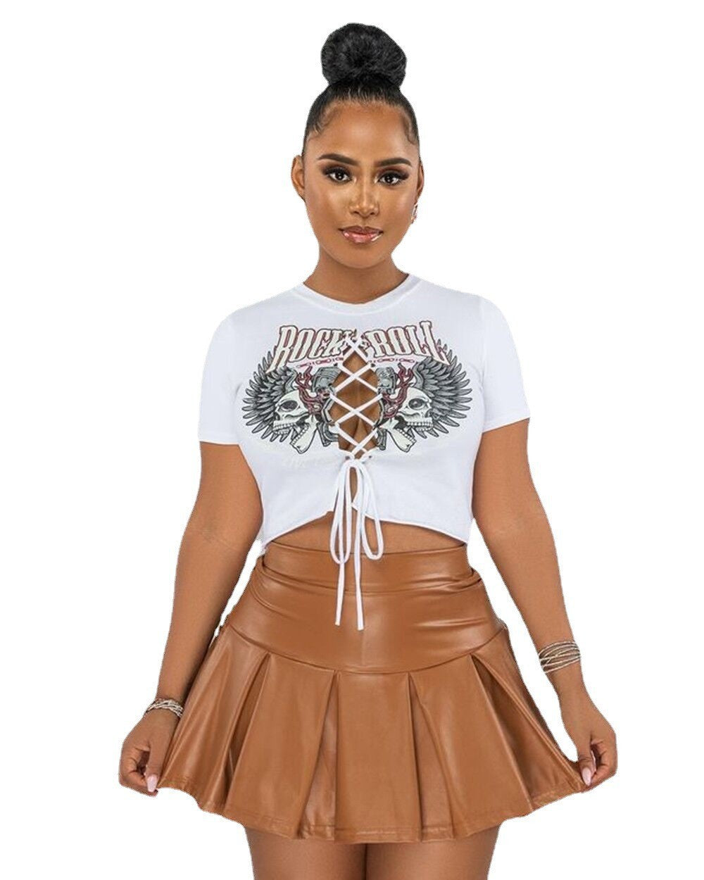Hollow Out Bandage Print Tshirt PU Short Skirt | Cultureheaven.com