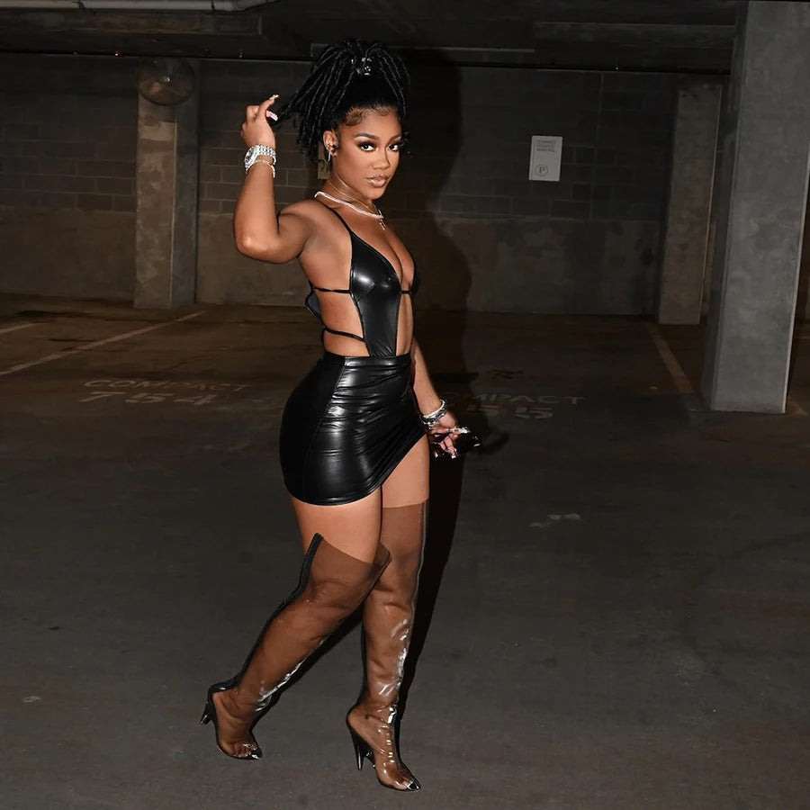 Black Leather Hollow Bodycon Dresses