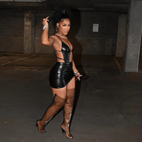 Black Leather Hollow Bodycon Dresses