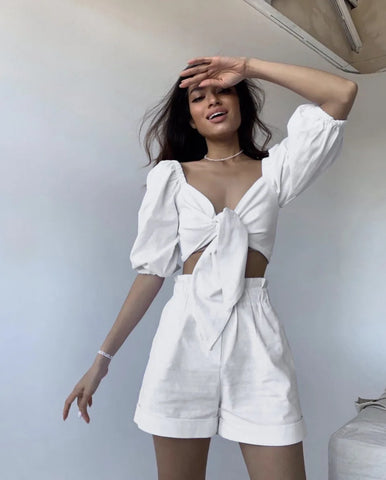  Linen Crop Top with Shorts Set White