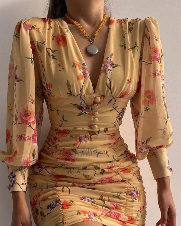 Yellow Perla Puff Sleeve Bodycon Mini Dress