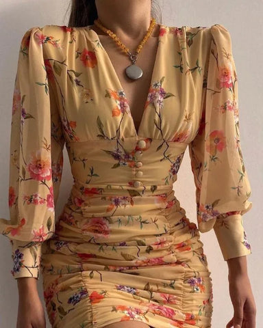 Yellow Perla Puff Sleeve Bodycon Mini Dress