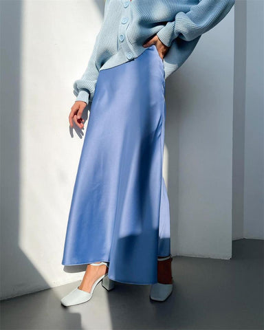 blue satin skirt for women