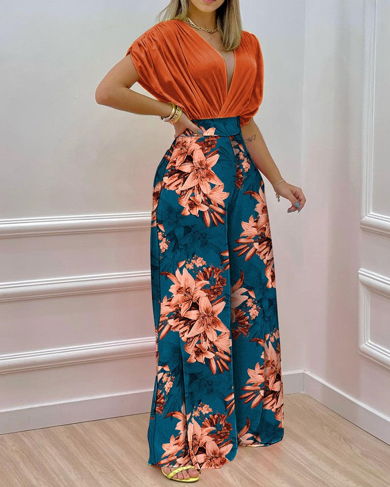 High Waist Deep V-neck Printing Two Piece Pants Set