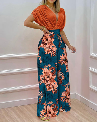 High Waist Deep V-neck Printing Two Piece Pants Set