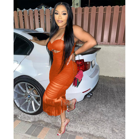 Ruched & Tassel Hem Midi Dress Orange