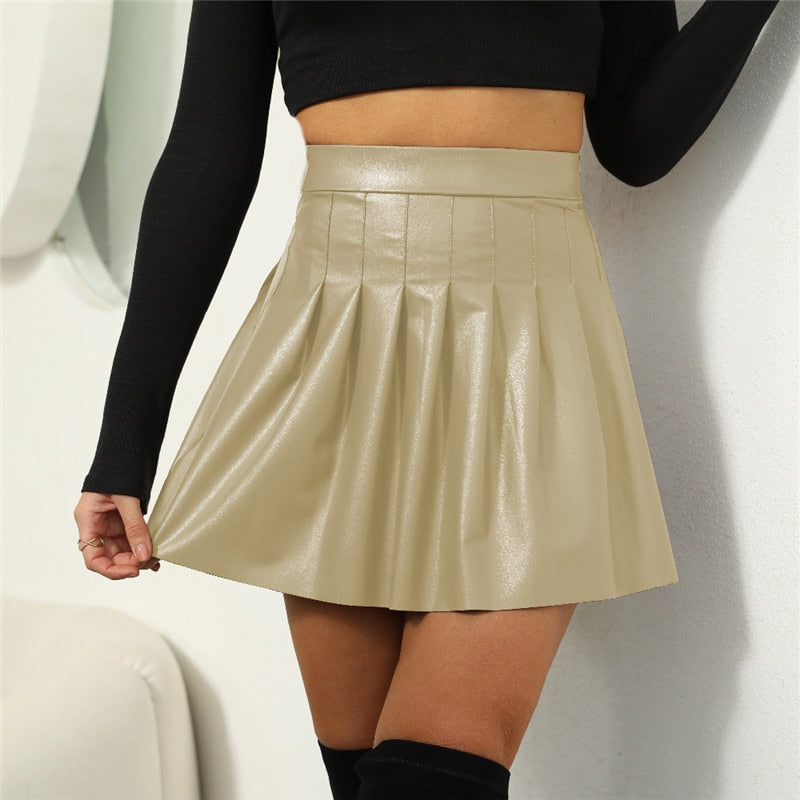 white PU leather pleated skirt