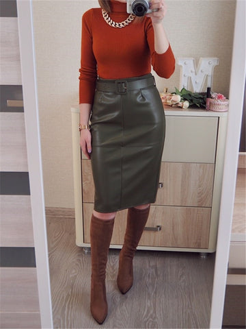  Stylish PU Leather Wrap Midi Skirt with Belt - Culture Heaven Special