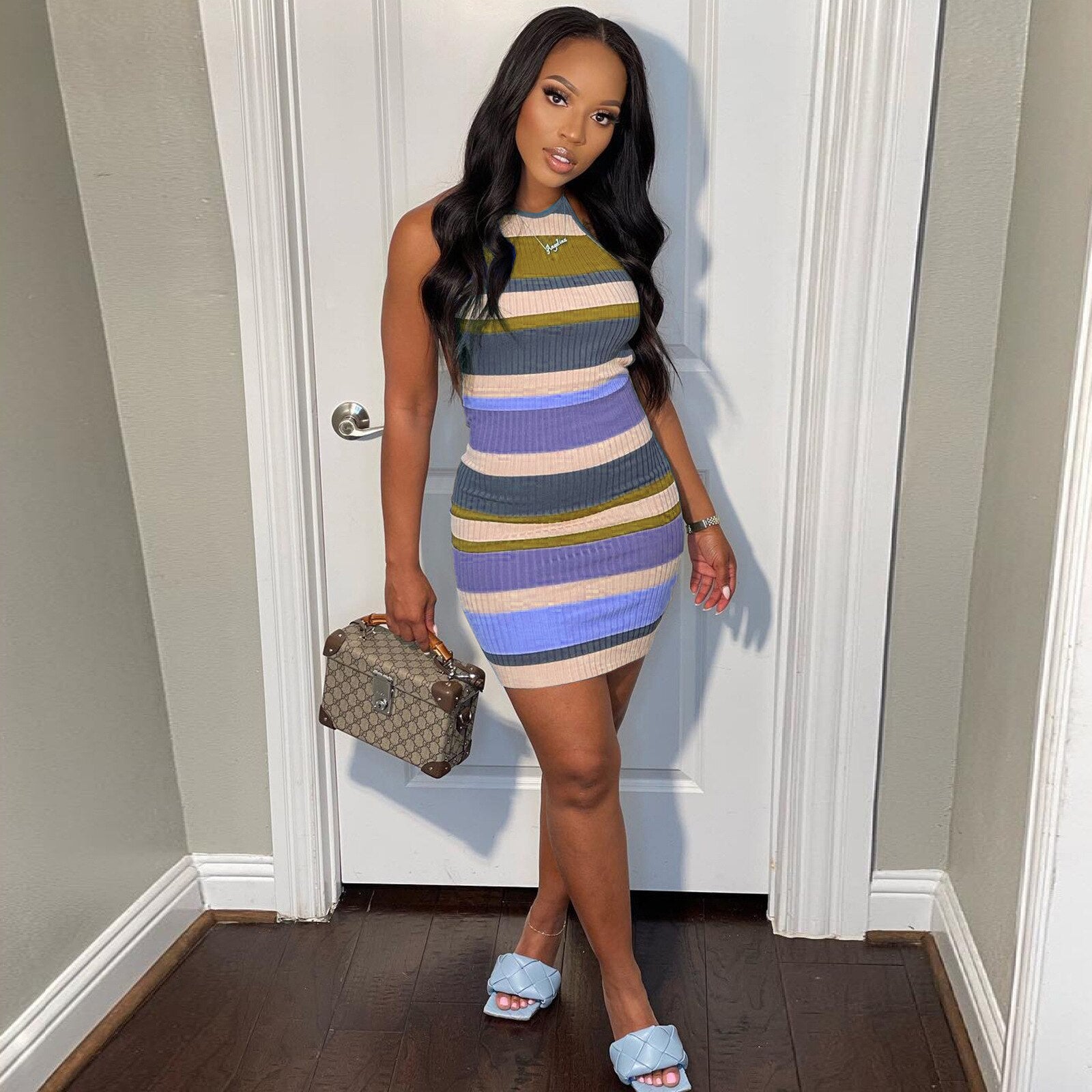 Colorful Stripes Mini Dress Green