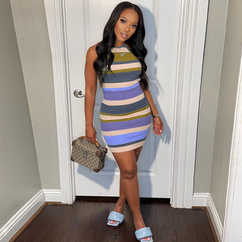 Colorful Stripes Mini Dress Green