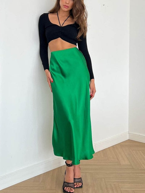 green satin skirt for women