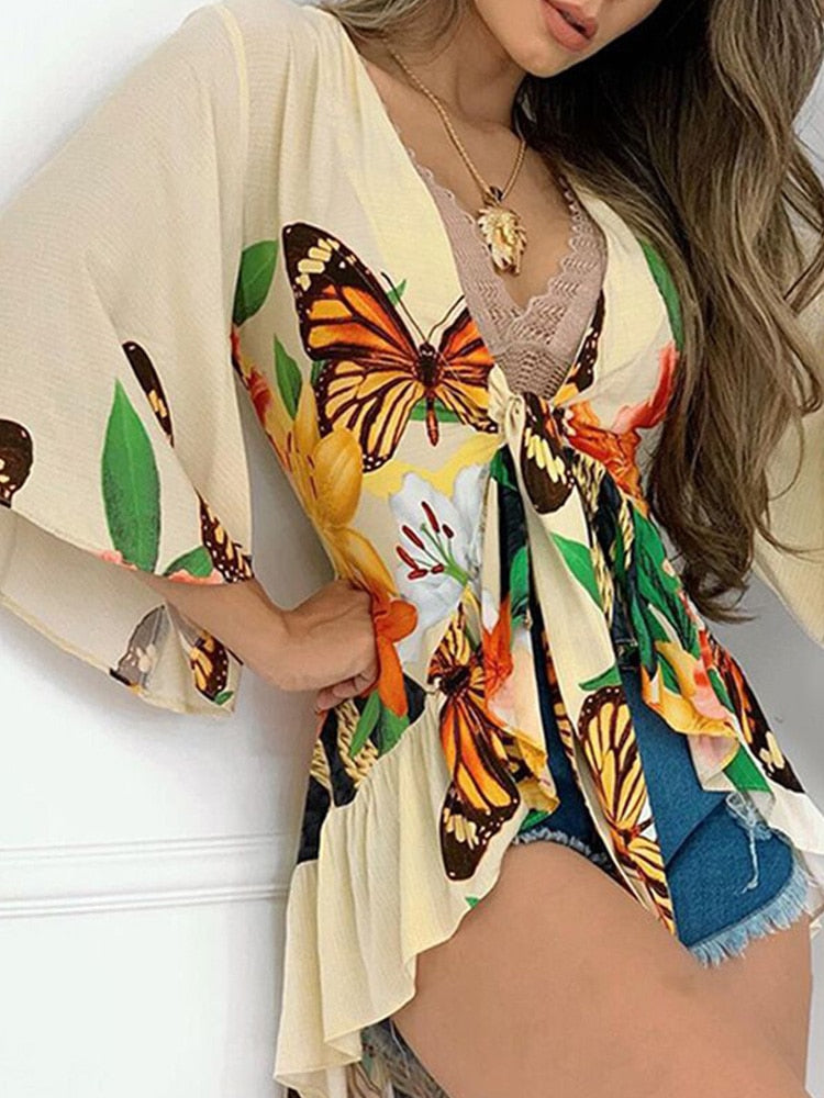 Tropical Print Bell Sleeve Blouse Tops