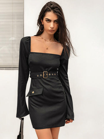 Black Square Neck Mini Dress 