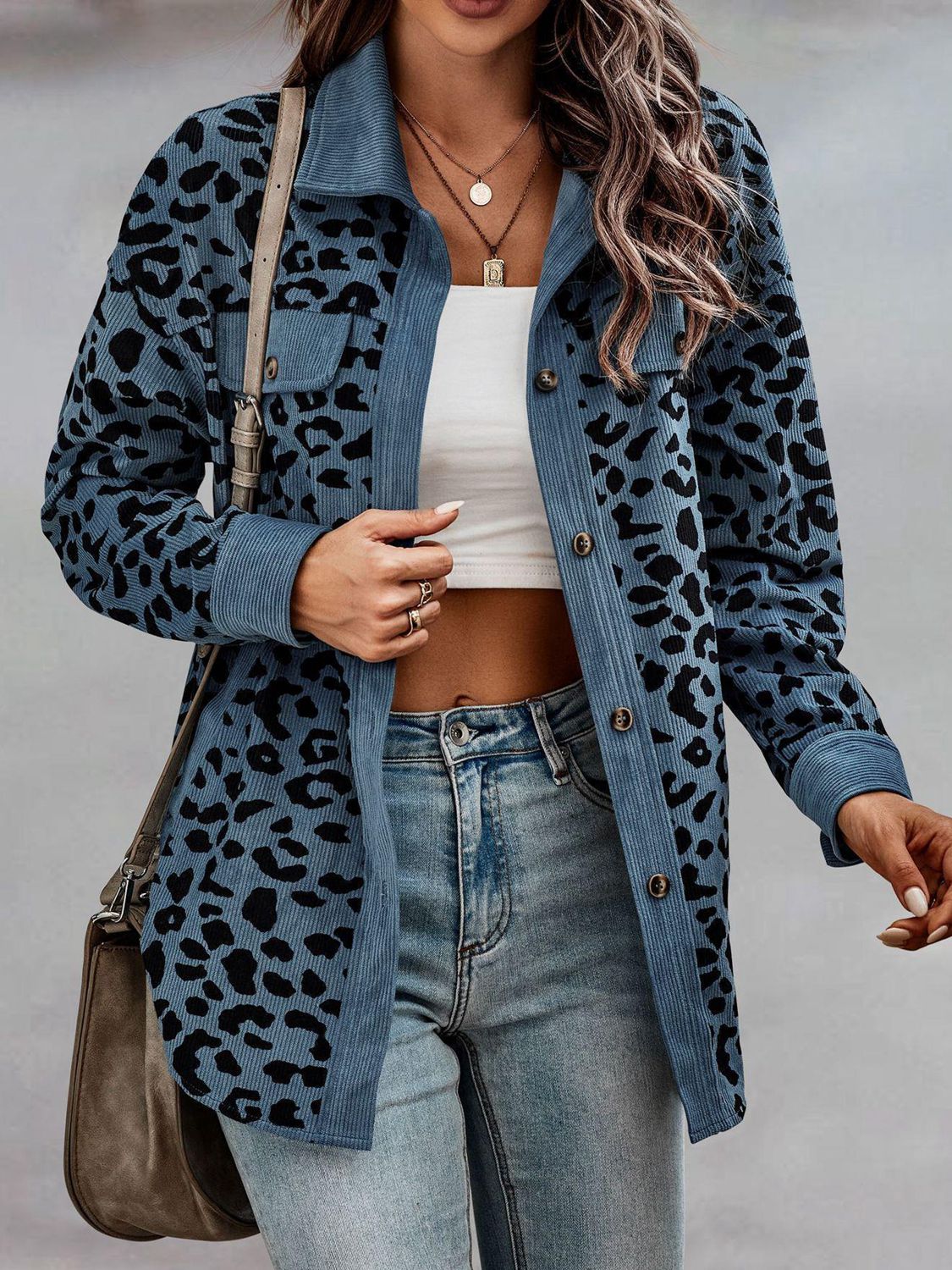 Women Blue Leopard Buttoned Jacket