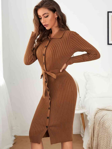 Chestnut Hue Ribbed Sweater Dress
