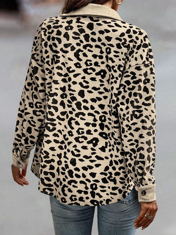 Women Tan Leopard Buttoned Jacket