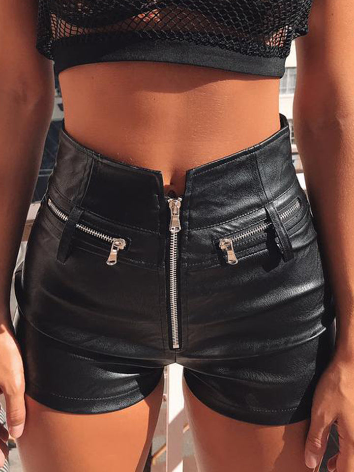 Black Leather Zip-Up Shorts