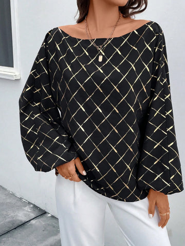 Black Plaid Elegance Boat Neck Blouse