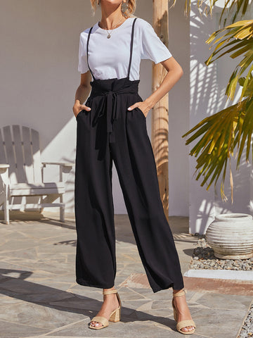 Black Tie Front Overalls with Pockets