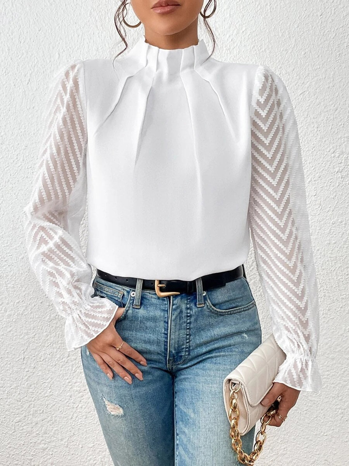 White Mock Neck Flounce Sleeve Blouse