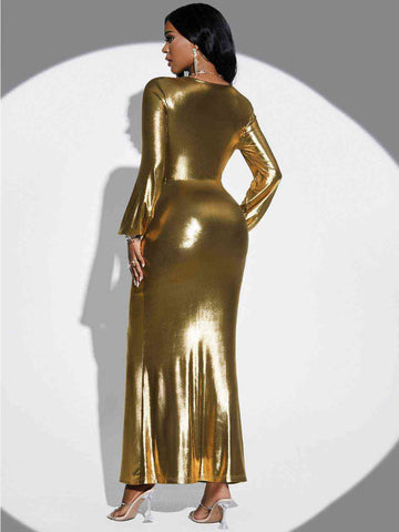 Gold Twisted Front Slit Maxi Dress
